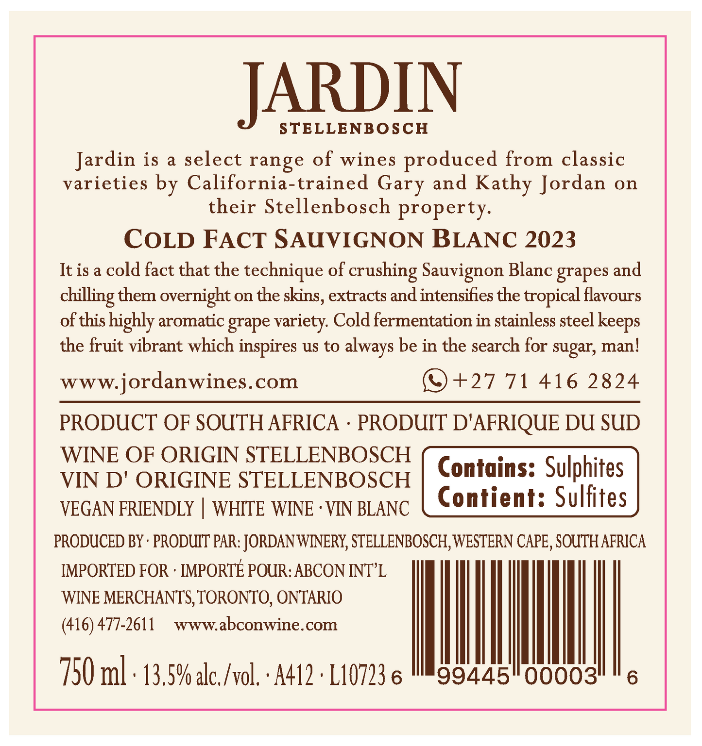 SAUVIGNON BLANC 2023, The Cold Fact, Jardin, Jordan Esate, Stellenbosch, South Africa